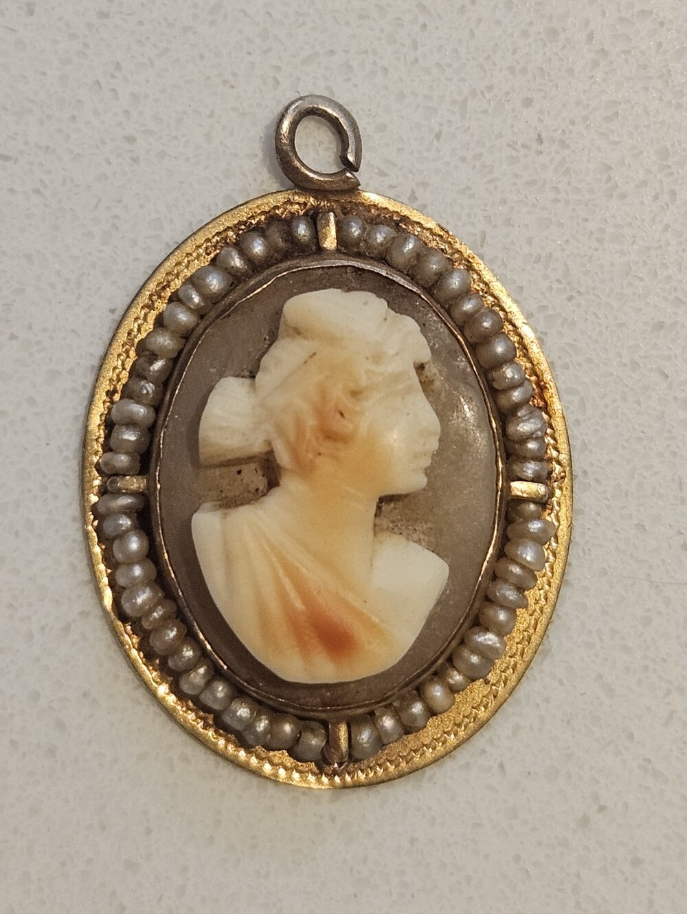 Antique Victorian 14k Gold Seed Pearl Hand Carved Shell Cameo Charm Pendant